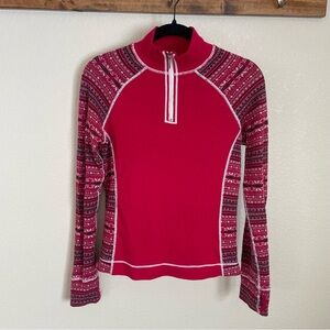 100% Merino Wool Fair Isle 1/4 Zip Baselayer Womens S Red Outdoor Hiking Camping